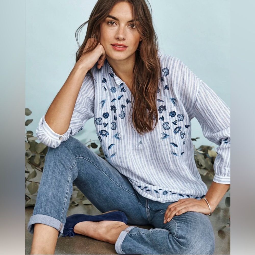 J. Jill 100% Linen Blue Striped Embroidered Floral Peasant Top Sz XS - Picture 2 of 6